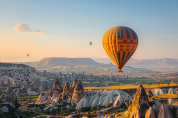 Cappadocia is included in the UNESCO World Heritage List. It is located on the territory of modern Turkey. A popular tourist destination. View of the balloons. - obrazy, fototapety, plakaty