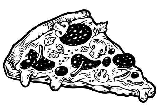 recommend clip art: Slice of pizza sketch engraving PNG illustration. Scratch board style imitation. Hand drawn image.