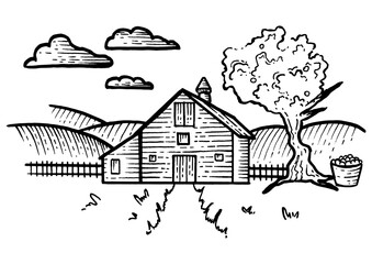 Naklejka premium Agricultural Farm rural landscape sketch engraving PNG illustration. Scratch board style imitation. Black and white hand drawn image.