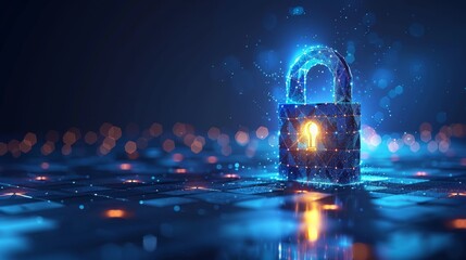 Blue digital illustration of cyber safety lock on data mass. Information privacy lock on business network concept. Low polygonal innovation technology network business concept. - obrazy, fototapety, plakaty
