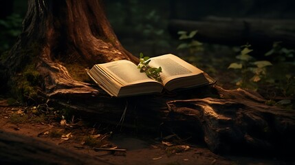 A book embedded in the bark of an ancient tree, its pages whispering tales of centuries past to those who listen closely