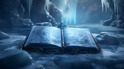 A book embedded in the ice of a frozen wasteland, its frost-covered pages preserving the stories of a forgotten civilization - obrazy, fototapety, plakaty