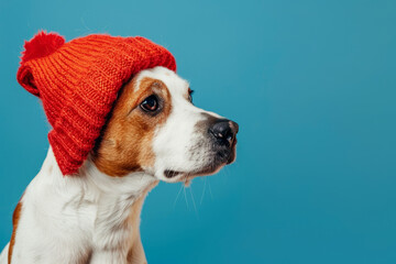 Portrait of a dog in a red knitted hat. A place for the text. Advertisement. The banner.