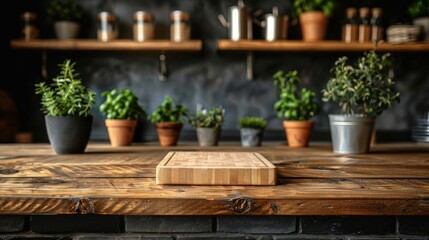 A defocused modern kitchen background and an empty table board. Product display concept.