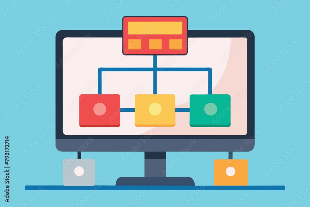 Poster A computer screen showing a detailed flowchart diagram with interconnected nodes and lines, flowchart icon with computer trending, Simple and minimalist flat Vector Illustration