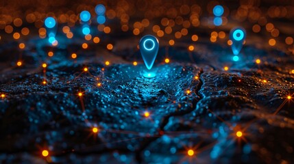 Digital GPS, neon map pin location.  Innovation navigation technology concept, network connection, information pointers
