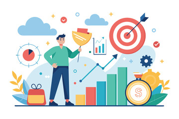 A man is standing in front of a bar chart, holding a dart aiming at a bulls eye on the chart, Focus on business goals, trending, Simple and minimalist flat Vector Illustration