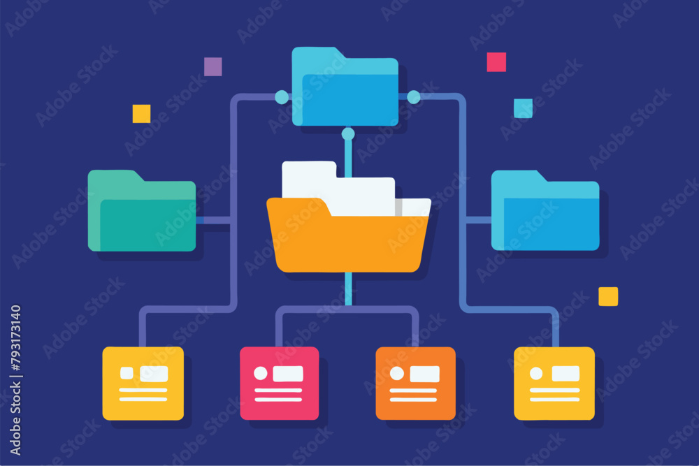 Poster a detailed illustration of a computer system showing multiple file folders for organizing data, inpu