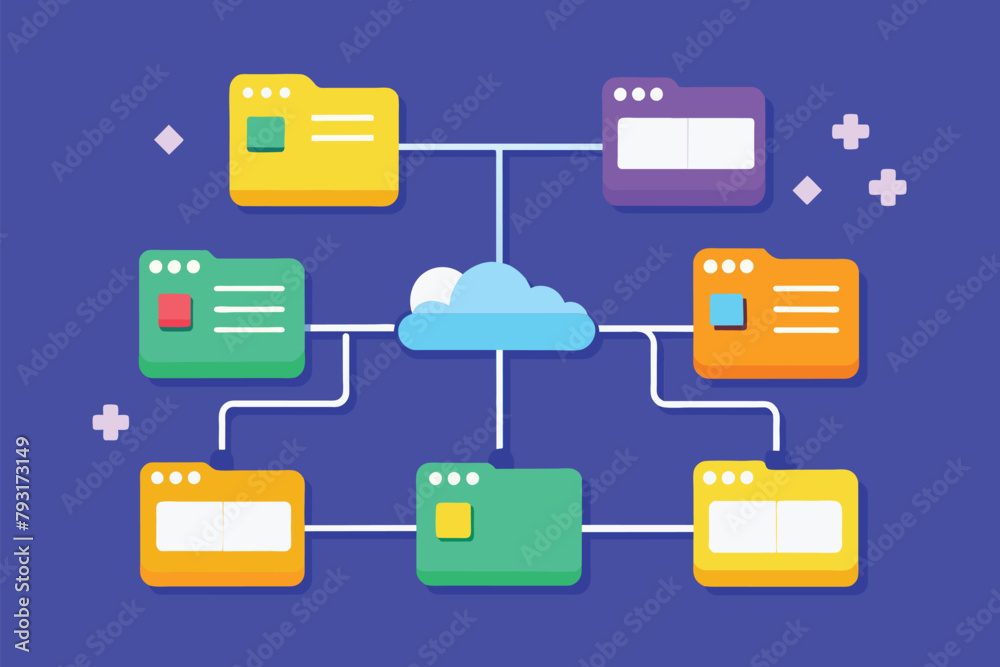 Poster illustration of a cloud computing system showing network connections, servers, data storage, and pro