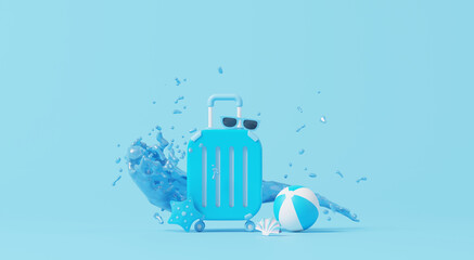 3D render, Blue suitcase with water splash and travel Summer elements in holiday with blue background, beach swim elements decoration, Holiday vacation concept.