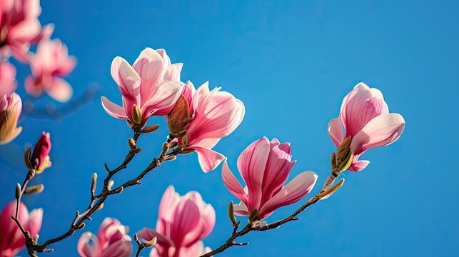 Amidst a backdrop of clear blue skies the elegant magnolia flowers are beginning to unfurl in vibrant bloom