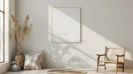 A white room with a large framed white picture on the wall and a wooden chair in the corner