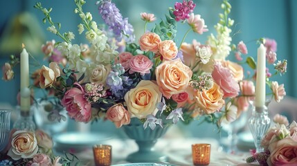   A vase, brimming with an abundance of flowers, rests atop a table Two votive candles flank it - obrazy, fototapety, plakaty