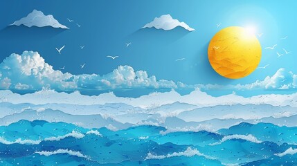 Sunny summer vacation concept. Modern illustration of hot bright sky and holiday weather on continuous line.