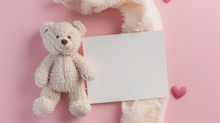 A charming arrangement featuring a blank white postcard and a cuddly teddy bear set against a pretty pink backdrop perfect for occasions like Christmas New Year Valentine s Day Internationa