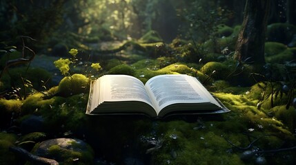 A book lying open on a moss-covered rock in the heart of a tranquil forest, its words mingling with the rustling of leaves and the song of birds