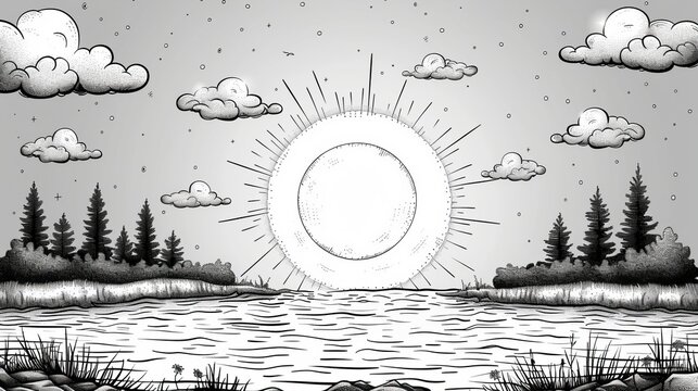 An illustration of cloudy skies, a happy holiday and a vacation element using continuous lines. Sketch illustration of a sunny summer travel concept.