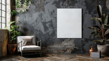 A white wall with a large picture of a plant on it. The room is empty and has a modern feel