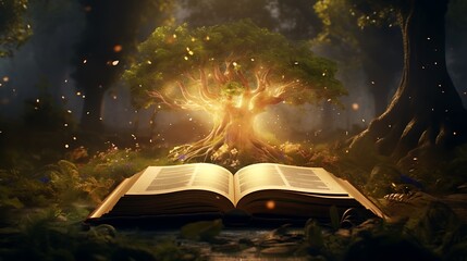 A book morphing into a majestic tree, its branches adorned with pages fluttering in the breeze of a...