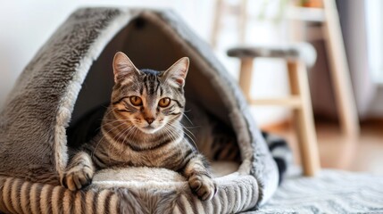 Cute fluffy cat resting in a bed in a room with copyspace