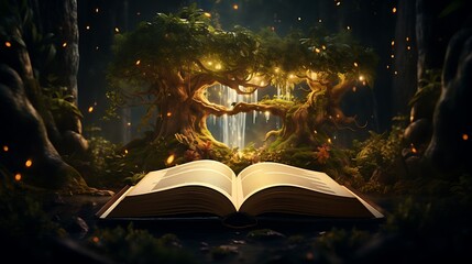 A book nestled among the branches of a towering tree, its pages fluttering in the wind like the leaves of the surrounding forest whispering ancient secrets