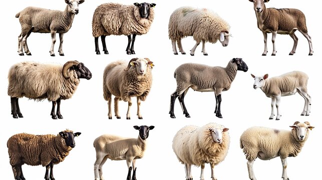 There are twelve head shots of various breeds of sheep against a white background.