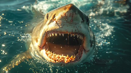 Below the surface of the ocean is a view of the bottom of the shark. A large dangerous mouth with many teeth is open along with the shark swimming forward in the clear blue water.