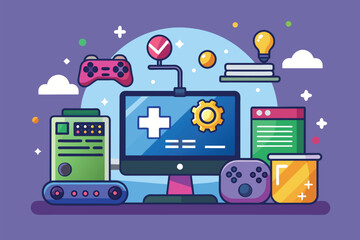 Active video game displayed on computer screen, Game development, game programming technology, Simple and minimalist flat Vector Illustration