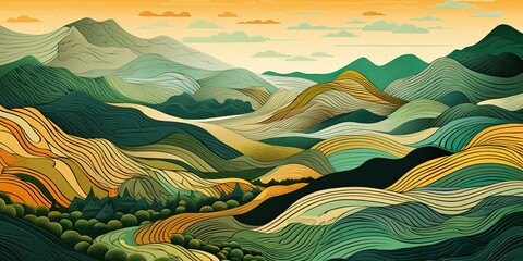 Lino cut of mountains and green fields in the style of colorful layered form. Nature outdoor landscape background scene