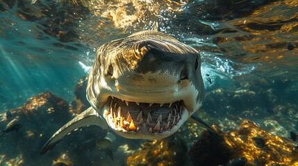 Below is a view of a sea shark's bottom. An open, dangerous mouth is seen with many teeth. Blue waves are seen, clear water is seen, and the shark swims.
