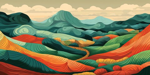 Lino cut of mountains and green fields in the style of colorful layered form. Nature outdoor landscape background scene