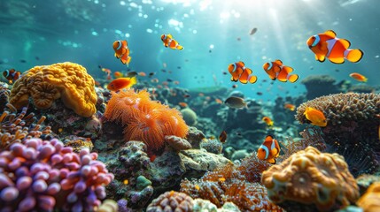 Naklejka na ściany i meble Aquarium oceanarium wildlife nature snorkeling diving underwater tropical sea fishes. Fishes on coral reef.