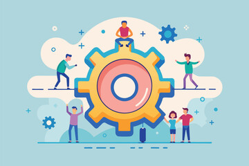 Group of People Standing Around a Gear Wheel, Gear, Goal-focused support and teamwork,system improvement, Simple and minimalist flat Vector Illustration