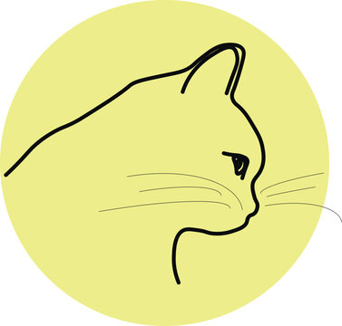 A simple line drawing. Silhouette of a cat's muzzle in a yellow circle. vector design eps 10