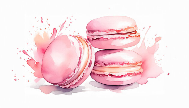 Watercolor painting of vibrant, colorful macarons with paint splatters accentuating their delicious appearance