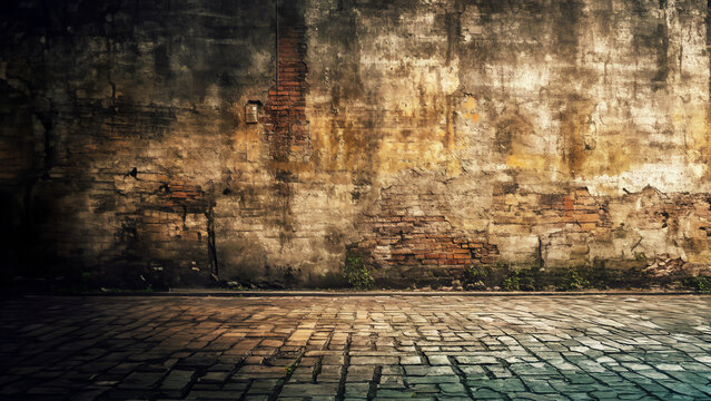 A weathered wall with peeling paint and exposed bricks above a cobblestone street, exuding an air of decay and time passage