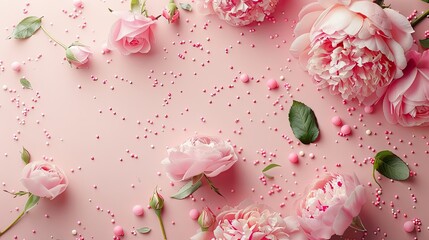 Capture the essence of Mother s Day with a captivating top down snapshot featuring pink peony roses and delicate sprinkles set against a soft pastel pink backdrop creating a visually appeal