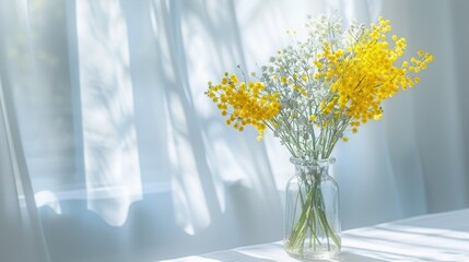 A striking photo capturing the beauty of Acacia dealbata also known as silver wattle or yellow mimosa adorned with delicate white gypsophila in a glass vase against a backdrop of a white ho - obrazy, fototapety, plakaty