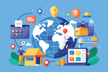 A man standing next to a globe, with various icons surrounding them, Global marketplace online business, marketing strategy, Simple and minimalist flat Vector Illustration