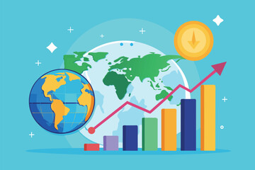 Global Market Trends Illustrated With Globe, Bar Chart, and Clock, Global market sales business trending, Simple and minimalist flat Vector Illustration