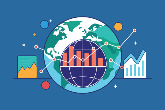 A blue background featuring a globe surrounded by various graphs, symbolizing global stock market analysis, Global stock market analysis metaphor, Simple and minimalist flat Vector Illustration