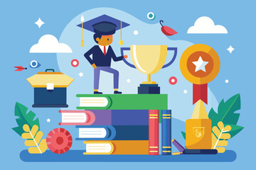 A man stands on a stack of books, symbolizing education, knowledge, and success, Goal achievement, career promotion, school graduation, trending, Simple and minimalist flat Vector Illustration