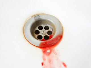 Hemoptysis. Saliva with blood in the sink, health, symptom, disease.