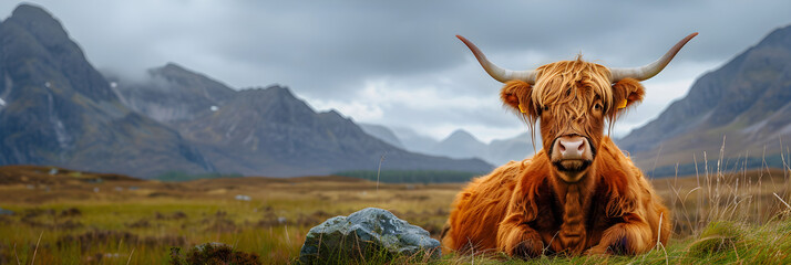 Portrait of highland cow lying in grass in mountains, depicting rural and natural atmosphere - obrazy, fototapety, plakaty