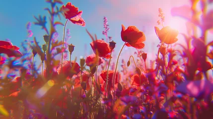 Raamstickers Beautiful field of red poppies in the sunset light. © ksu_ok