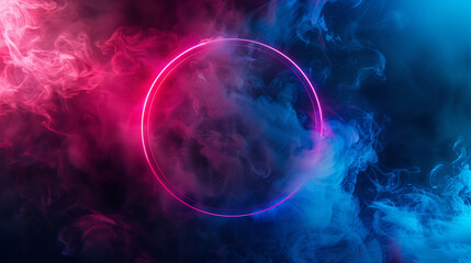 Abstract background of glowing neon lights of blue pink colors on circle shaped lines