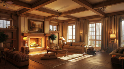 living room design farm house scheme wooden decorate soft light