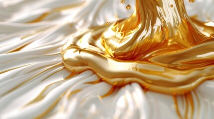   A white bedspread is topped with a golden liquid within a container, not directly on the comforter - obrazy, fototapety, plakaty