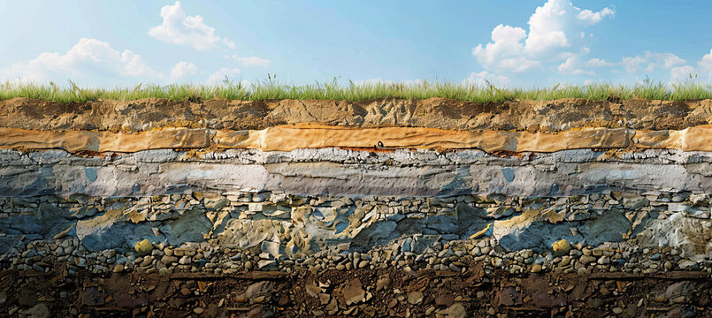 Section of soil with underground water, layers of earth and rocks