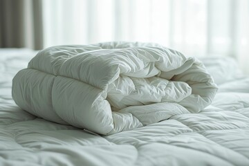 White folded duvet on bed - cozy winter season household textile for hotel or home comfort